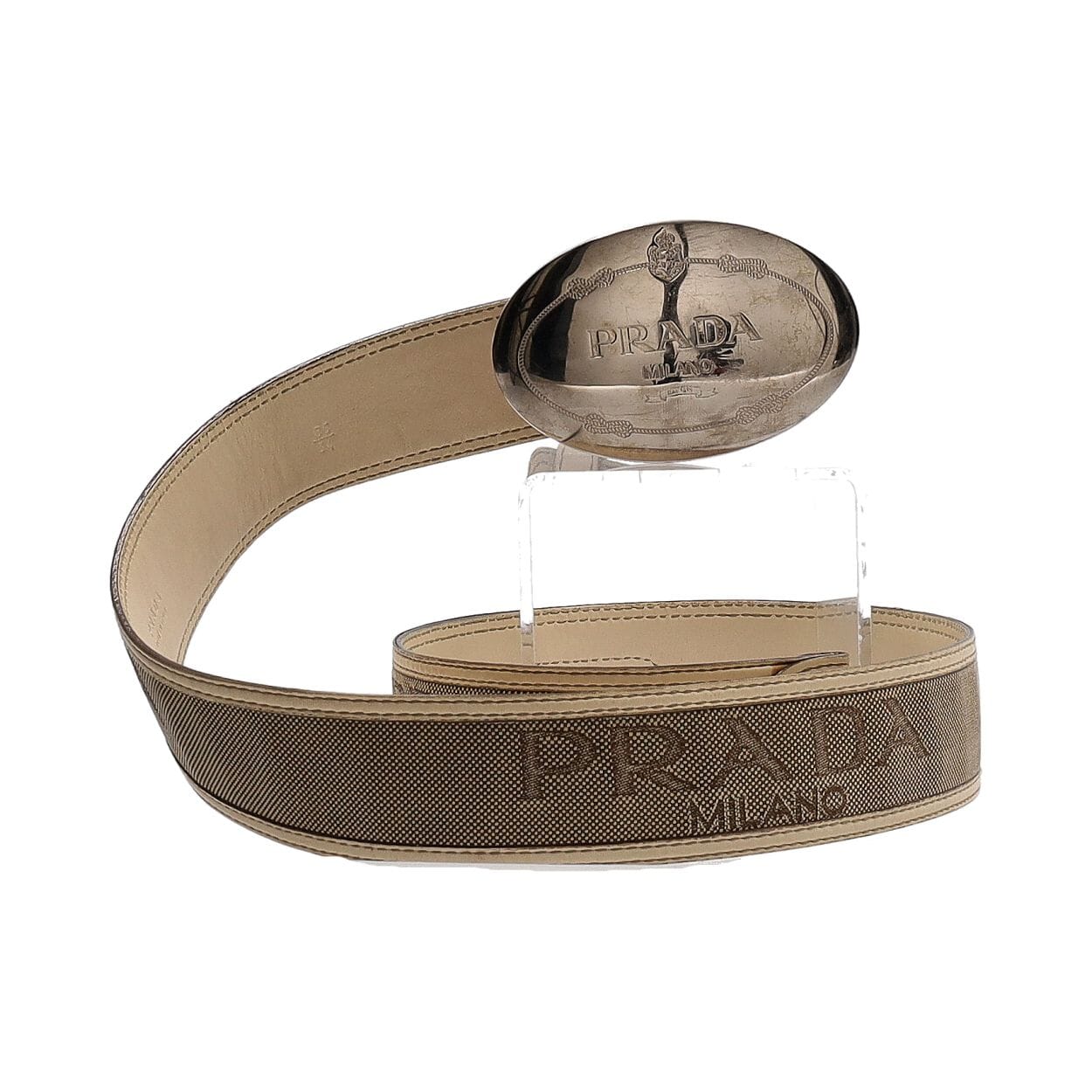 PRADA Canvas/Leather Logo Buckle Belt Beige - S: 85 (34) | Luxity