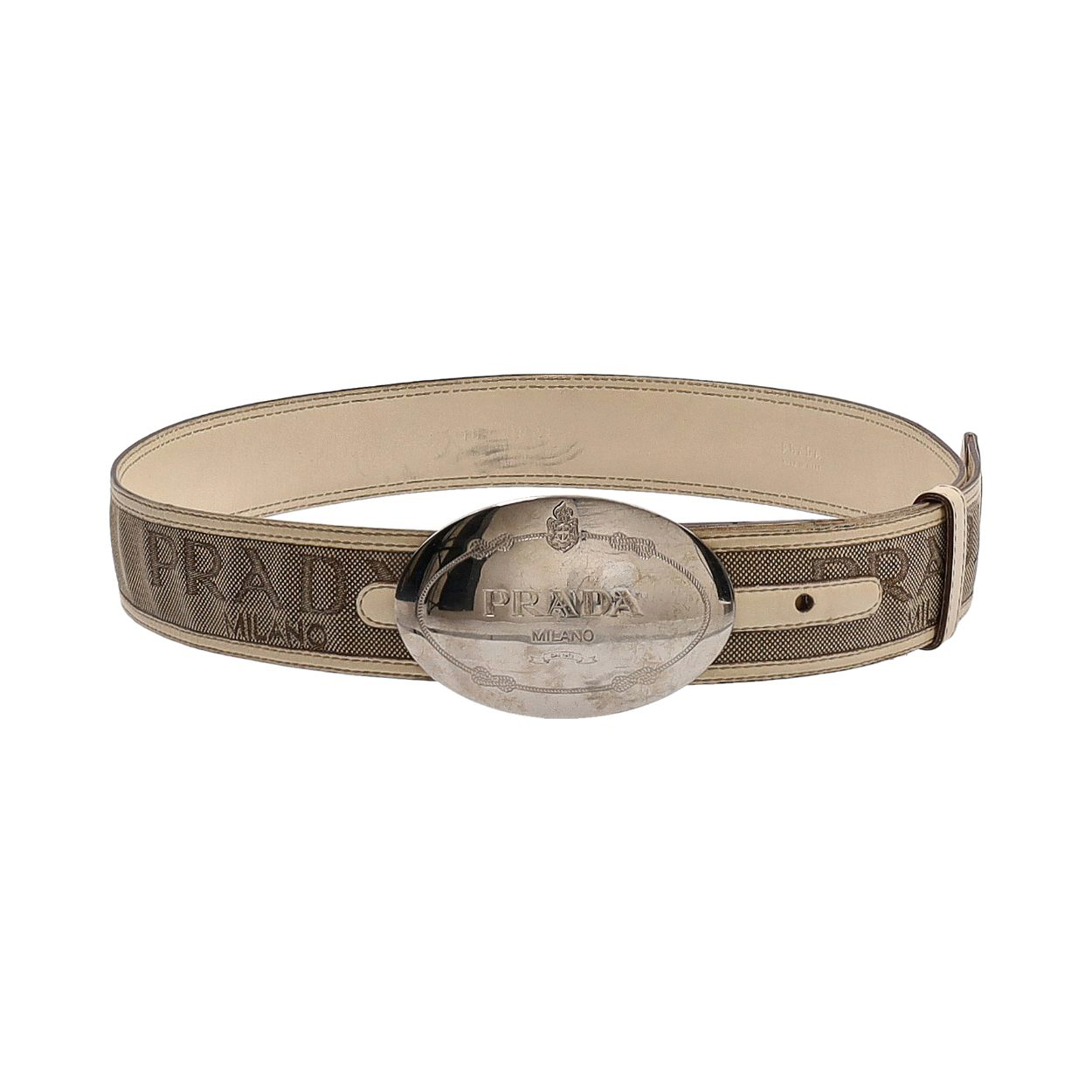 Prada Beige Leather Belt with Silver Toned Buckle Prada Wood Silver Belt buckle Tan Webbed Leather Trim  main image 3