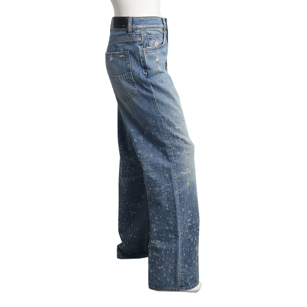 Cotton Denim Distressed Wide Leg Jeans Blue