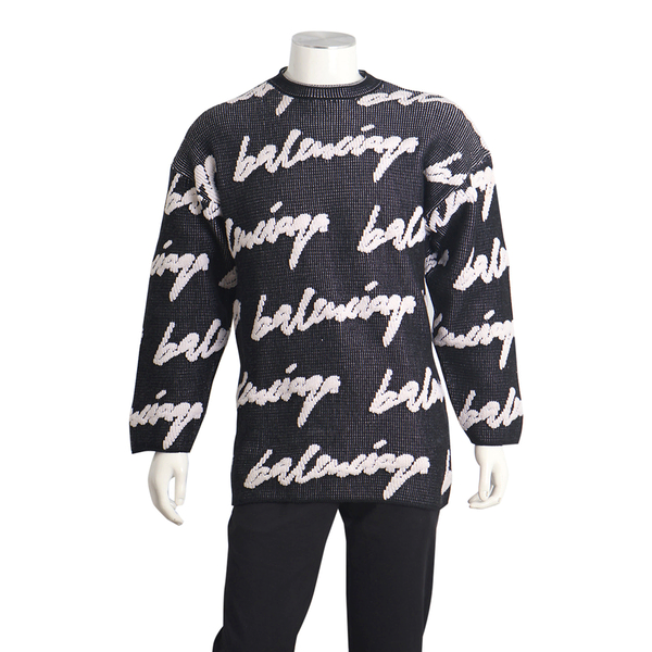 Cotton Blend Oversized Knit Logo Sweater Black/White