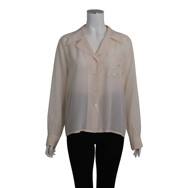 Vintage Silk Logo Embroidered Button Blouse Cream
