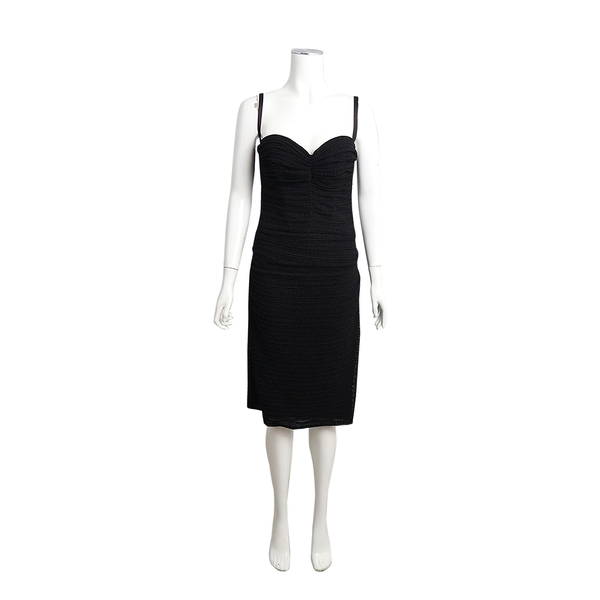 Mixed Material Ruched Midi Dress Black