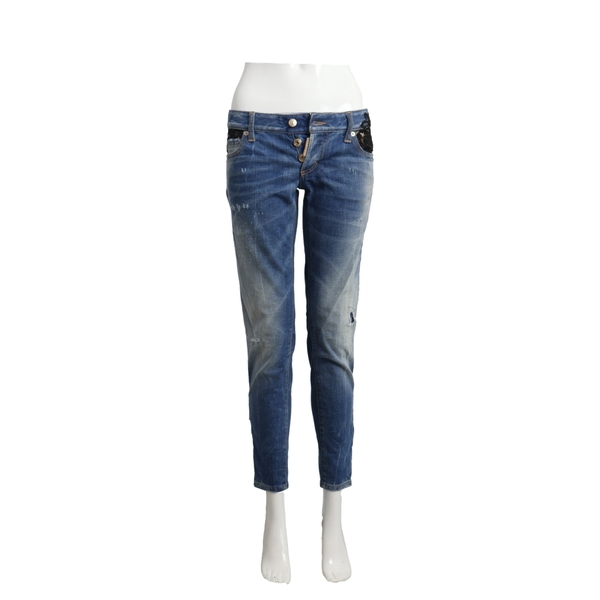 Denim Distressed Lace Pockets Jeans Blue