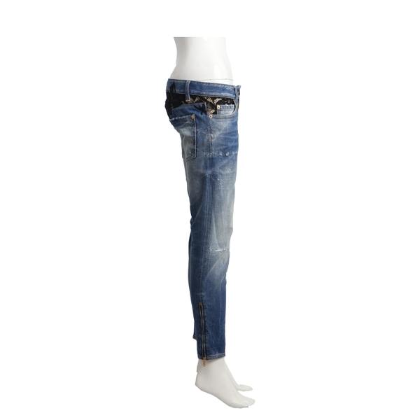 Denim Distressed Lace Pockets Jeans Blue