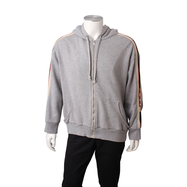 Cotton Striped Logo Hoodie Grey