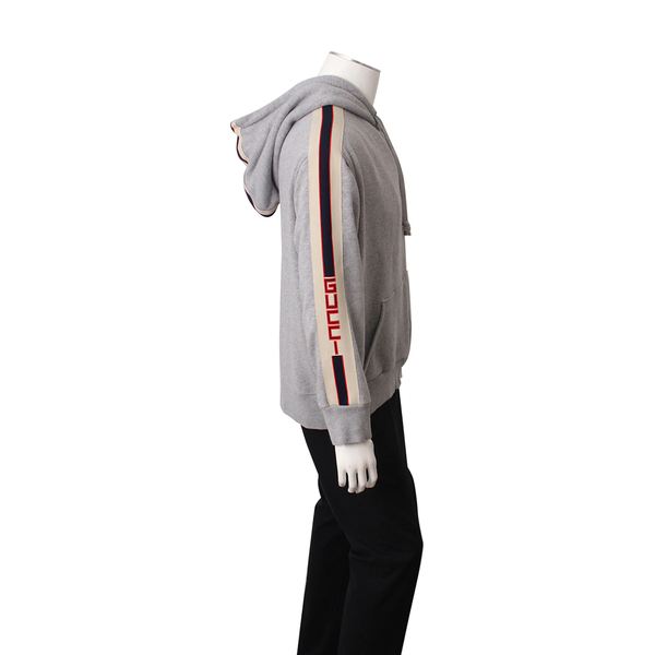 Cotton Striped Logo Hoodie Grey