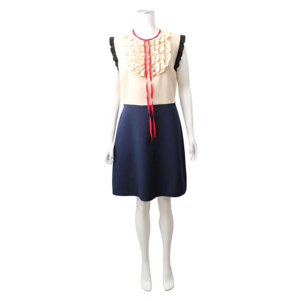 Silk/Wool Ruffle Dress Cream/Blue