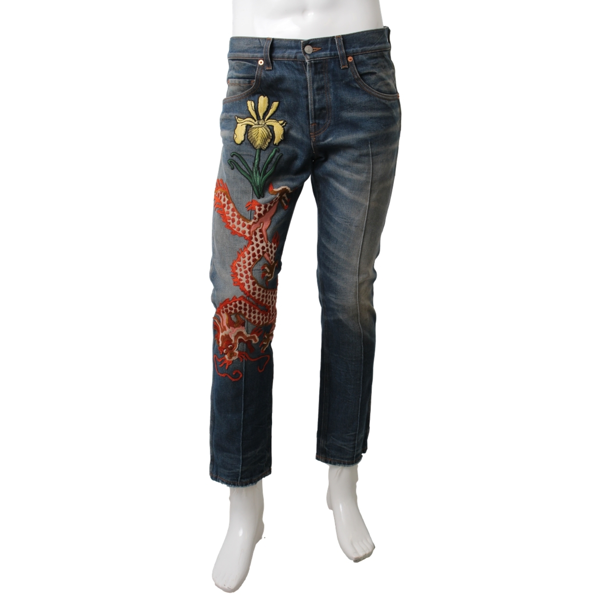 GUCCI Cotton Denim Dragon Jeans Blue | Luxity