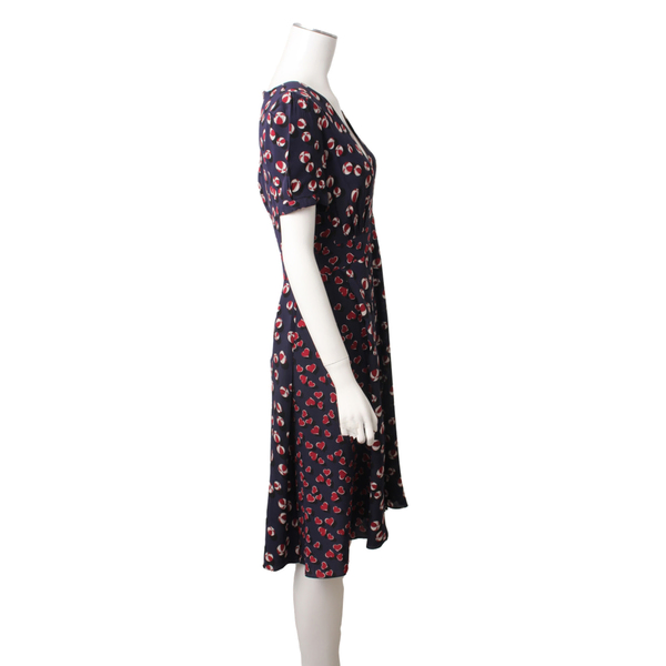 Silk Beach Ball/Heart Printed Short-Sleeve Midi Dress Navy