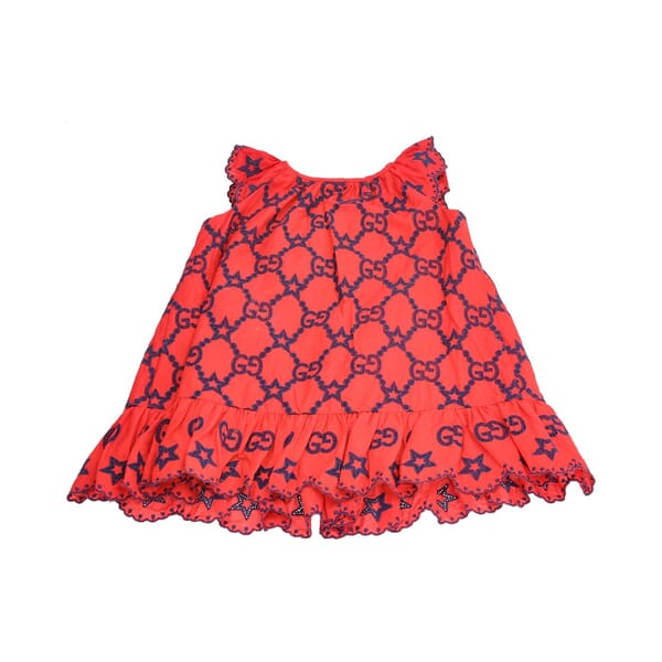 Cotton Emboidered GG Star Baby Dress Red