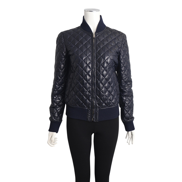Quilted Leather Bomber Jacket Blue