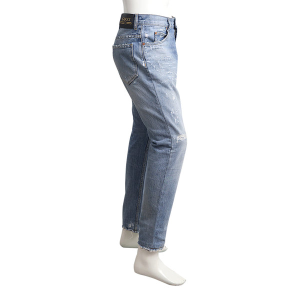 Cotton Distressed Straight Leg Denim Jeans Light Blue