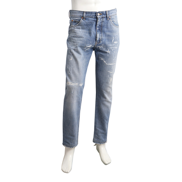 Cotton Distressed Straight Leg Denim Jeans Light Blue