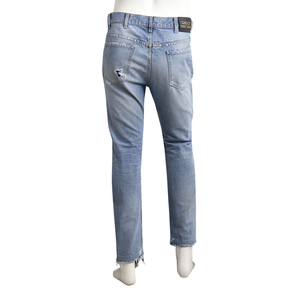 Cotton Distressed Straight Leg Denim Jeans Light Blue, view 3