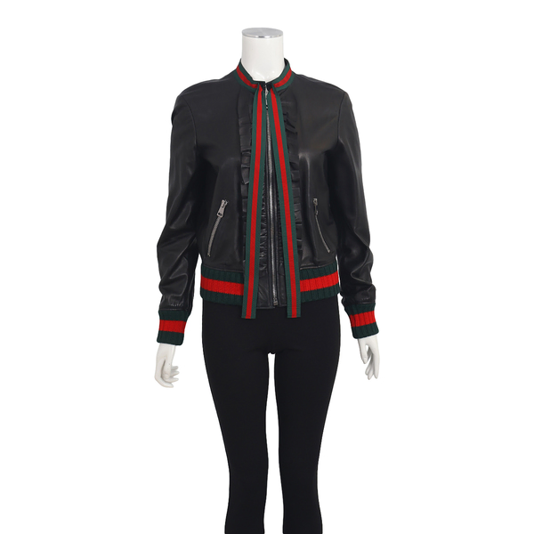 Leather Web Bomber Jacket Black