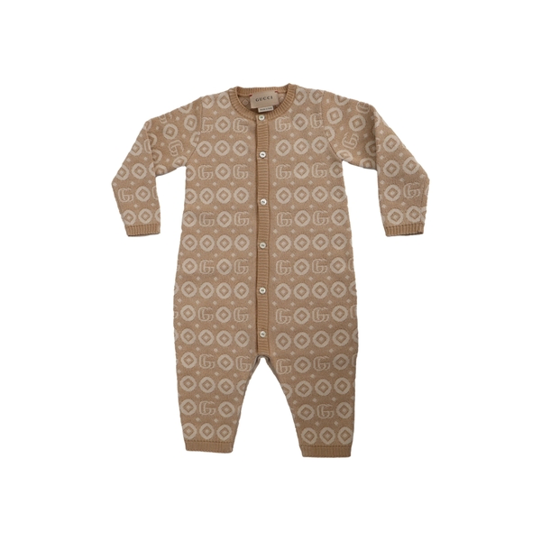 Wool Baby Jacquard GG Romper Brown/Beige
