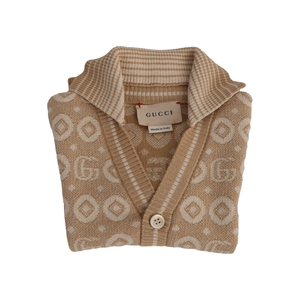 Wool Baby Jacquard GG Cardigan Beige/Brown, view 3