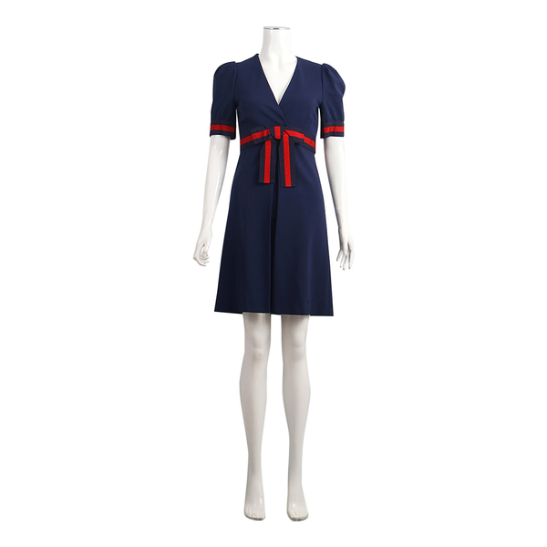 Viscose Blend Web Bow Midi Dress Navy Blue
