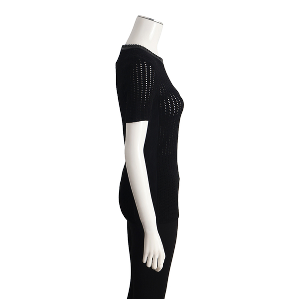Knit Leather Neck Trim Top Black
