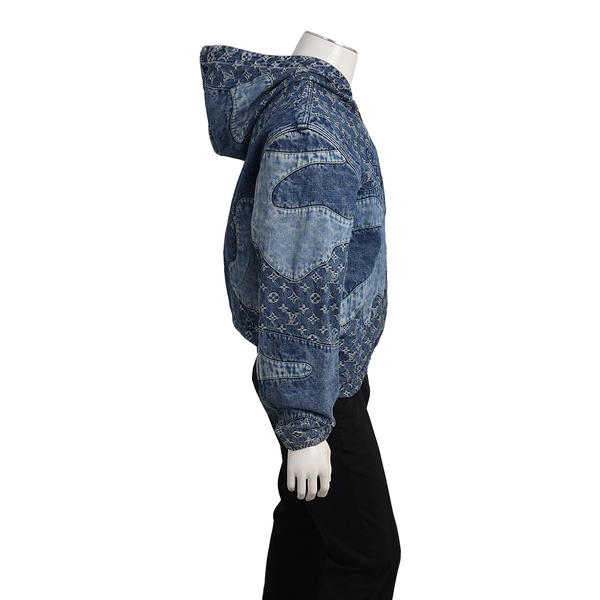 Cotton Hooded Patchwork Denim Blouson Blue