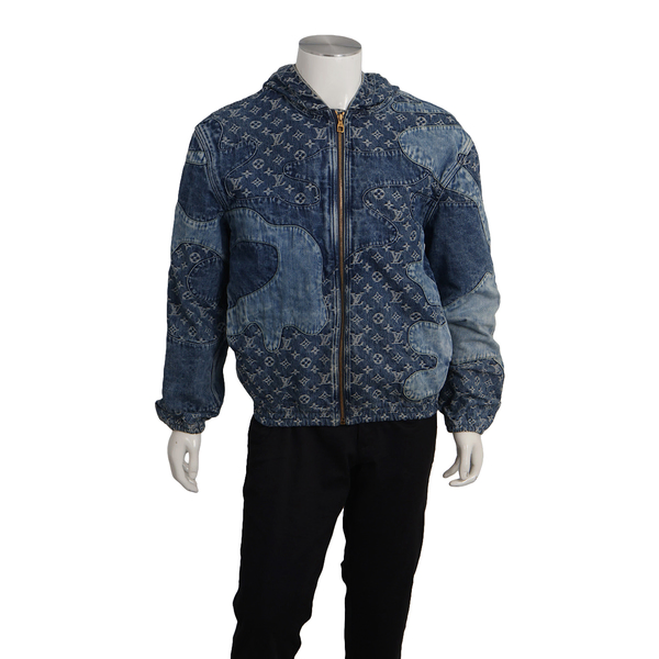 Cotton Hooded Patchwork Denim Blouson Blue
