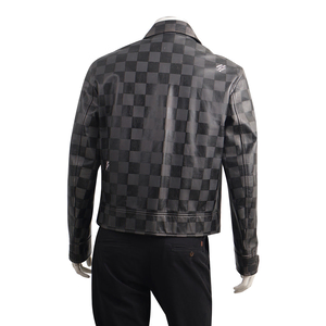 Leather Damier Trucker Jacket Grey/Black, view 3