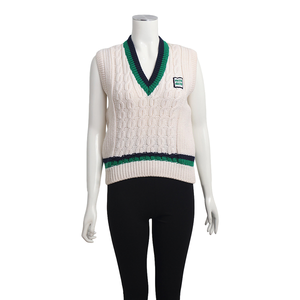 Wool Knit V-Neck Vest Cream White/Green