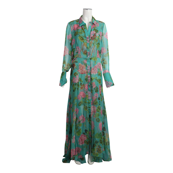 Silk Chiffon Geranium Maxi Dress Green/Pink