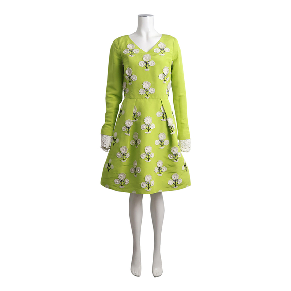 Silk Embroidered Runway Floral Dress Green