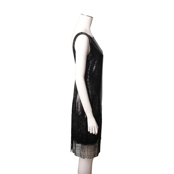 Silk Sequined Fringe Backless Dress Black
