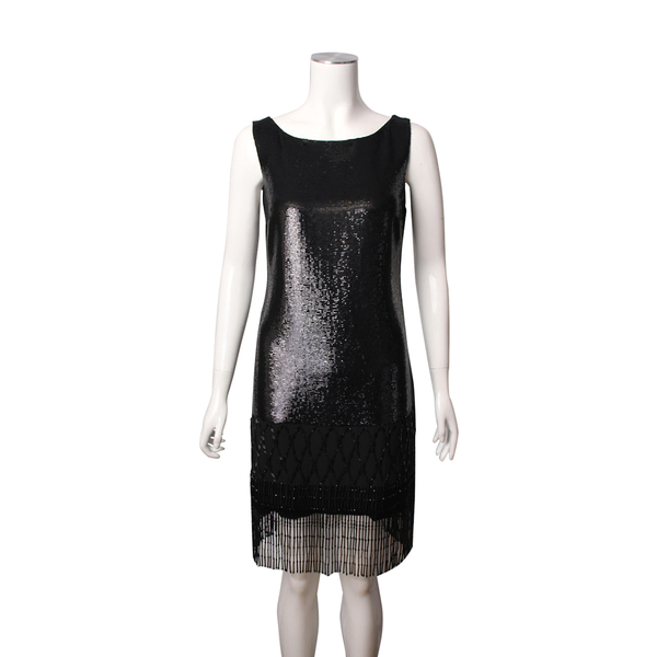 Silk Sequined Fringe Backless Dress Black
