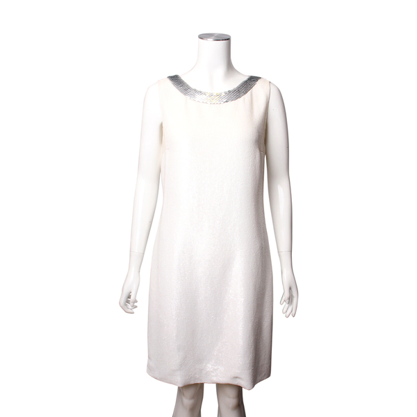 Silk Sequined Sleeveless Dress White/Silver