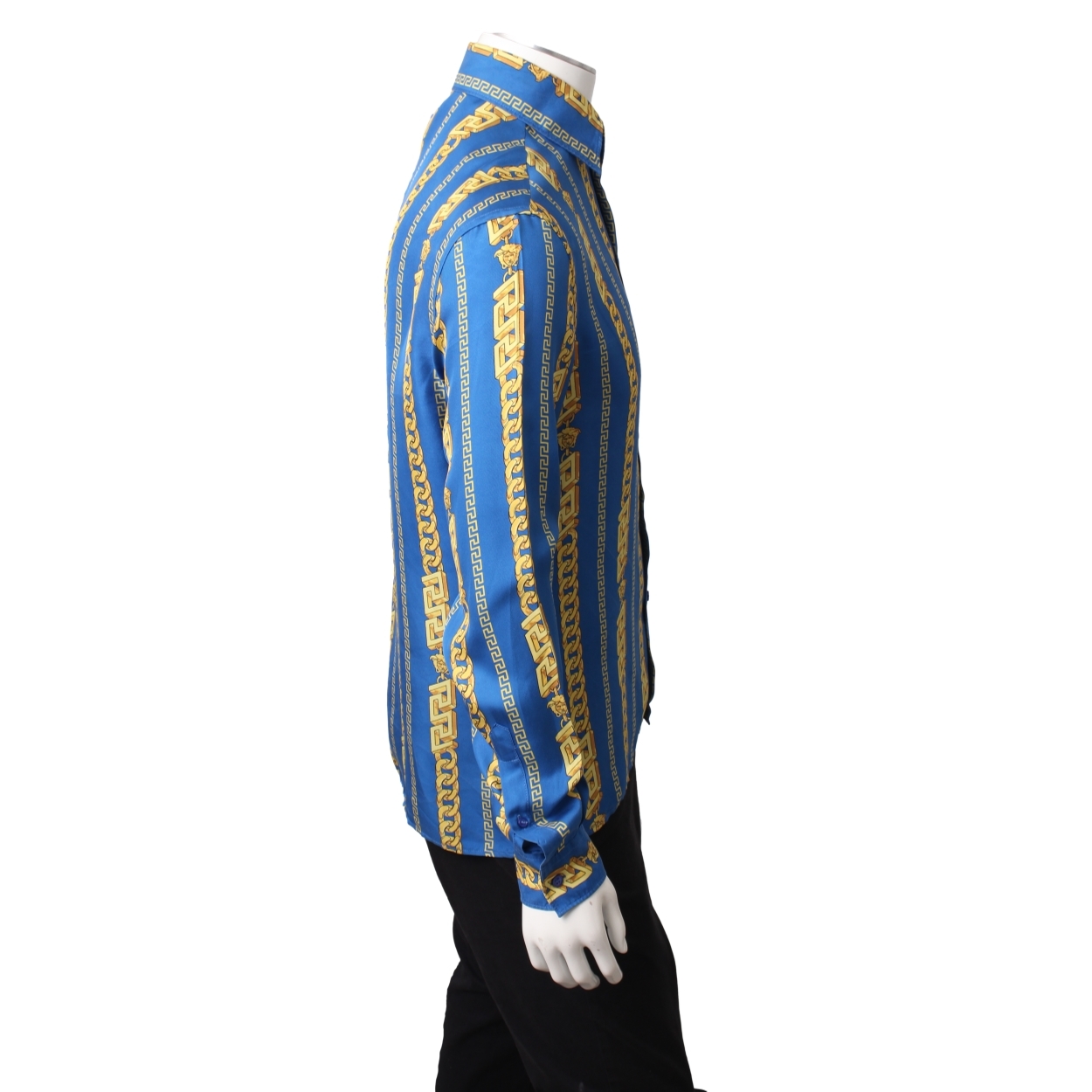 VERSACE Silk Chain Greca Print Shirt Blue/Gold | Luxity