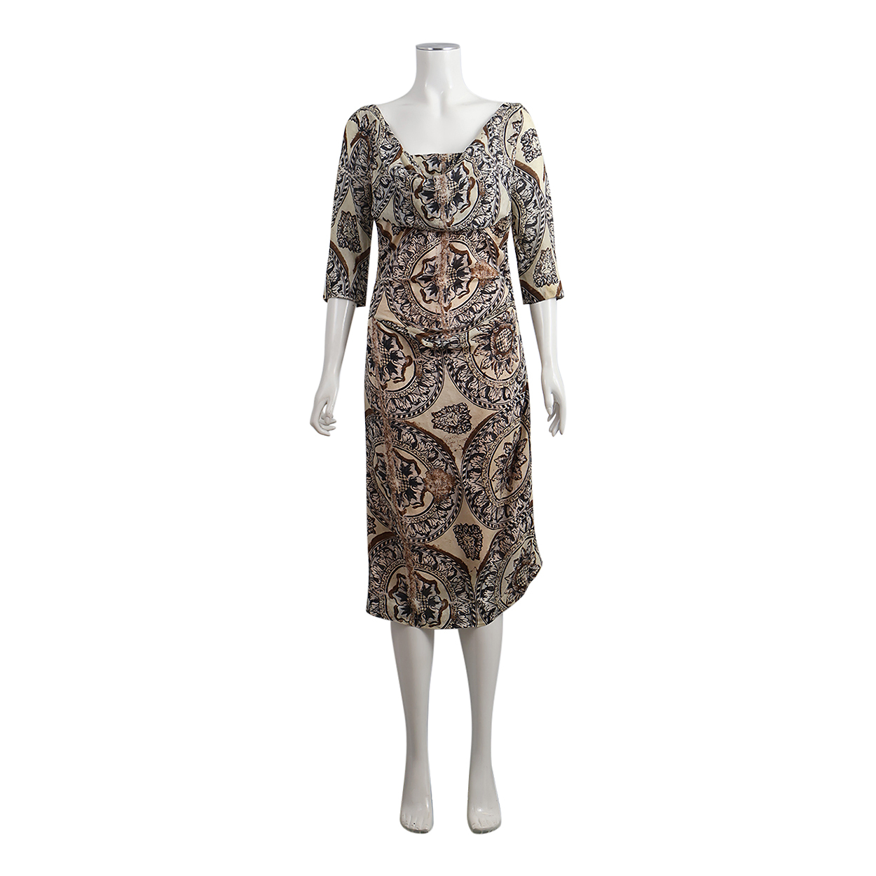 Vintage Silk Printed Dress Beige/Black