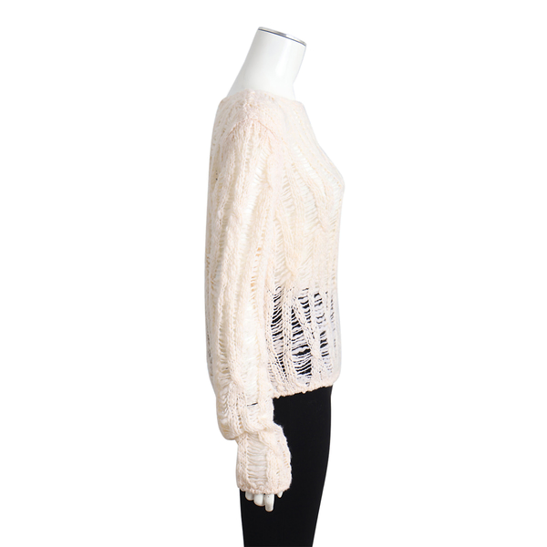 Wool/Silk Distressed Crochet Knit Sweater Cream