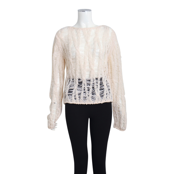 Wool/Silk Distressed Crochet Knit Sweater Cream