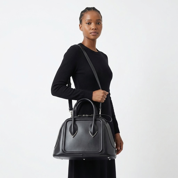 Leather Pinter Top Handle Bag Black