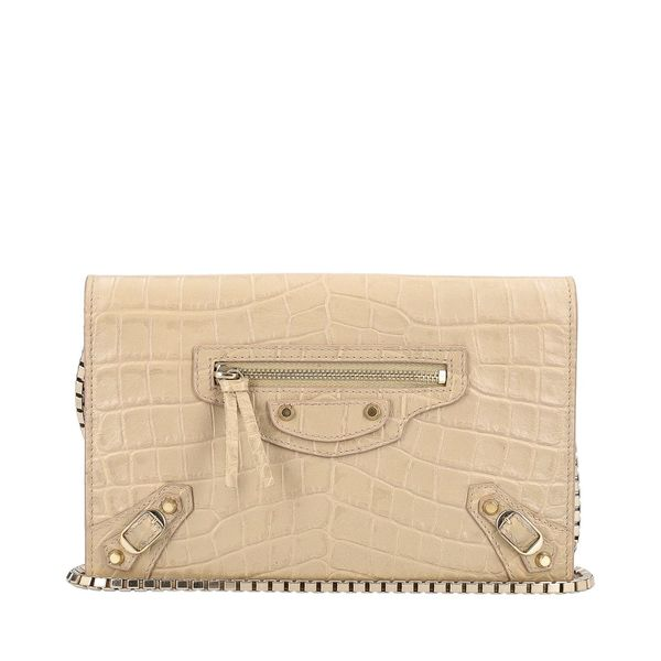 Croc Embossed Metallic Edge Chain Wallet Beige