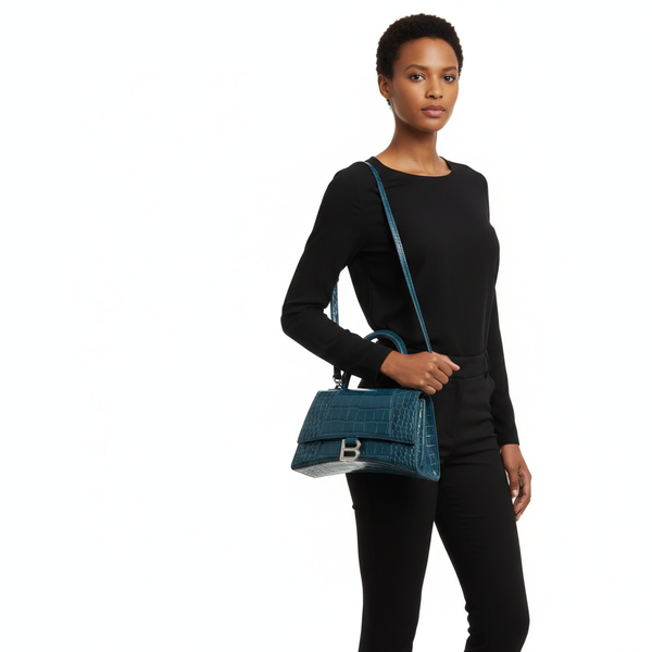 Croc Embossed Small Hourglass Top Handle Bag Dark Teal
