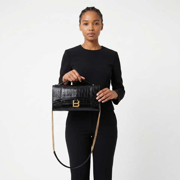 Croc Embossed Hourglass Chain Pochette Black
