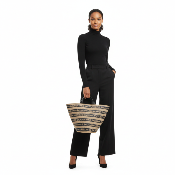 Raffia Logo Tote Beige/Black