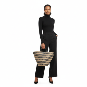 Raffia Logo Tote Beige/Black, view 7
