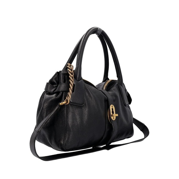 Leather Turn Lock East West Tote Black