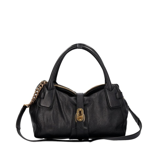 Leather Turn Lock East West Tote Black