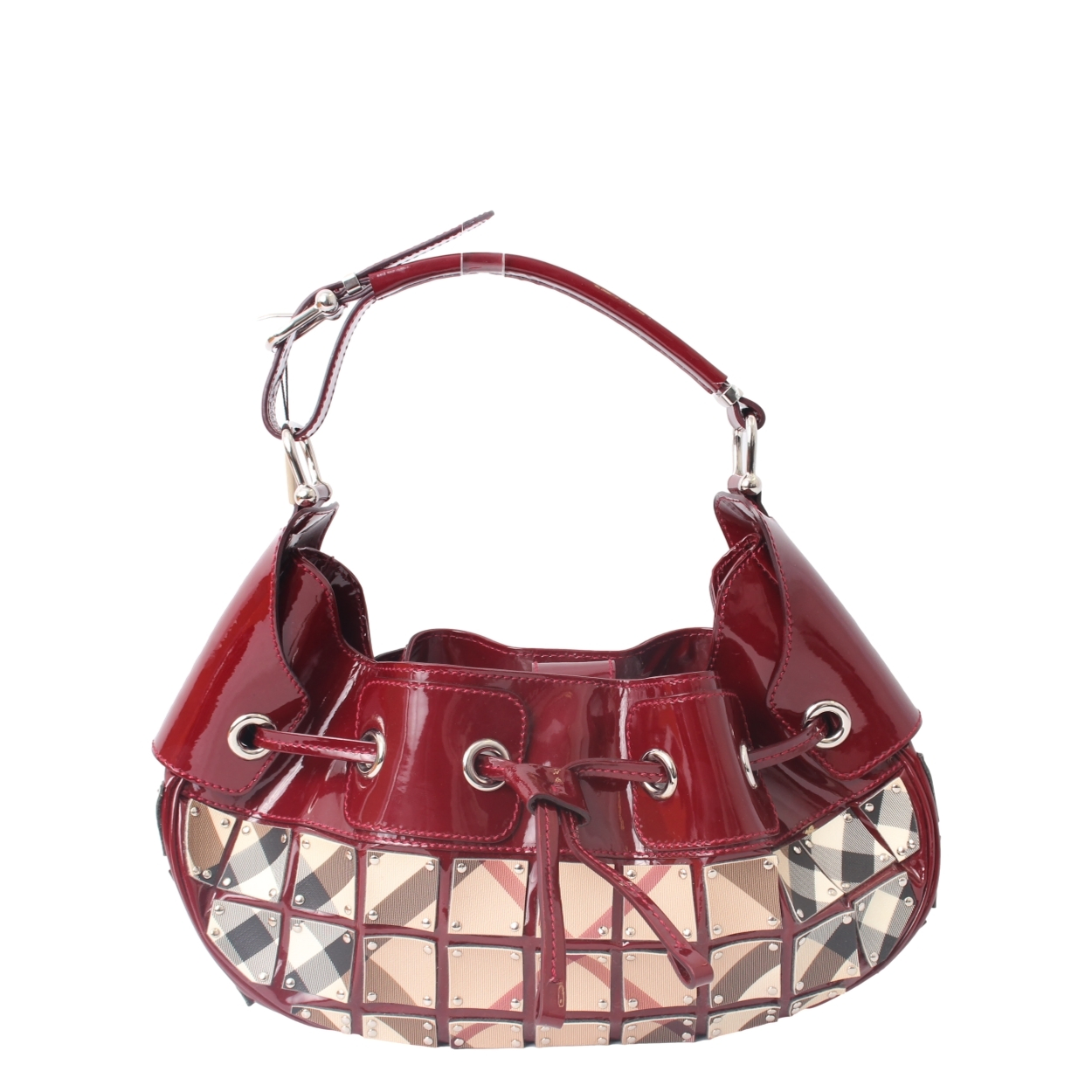 BURBERRY Patent Nova Check Warrior Shoulder Bag Beige/Burgundy