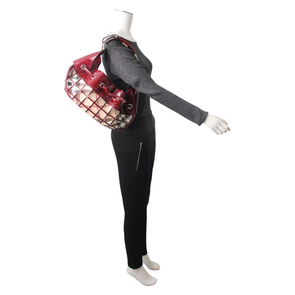 Patent Nova Check Warrior Shoulder Bag Beige/Burgundy