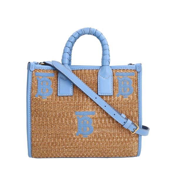 Raffia/Leather Mini Freya TB Tote Beige/Blue