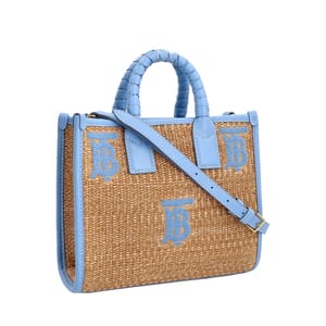Raffia/Leather Mini Freya TB Tote Beige/Blue, view 2