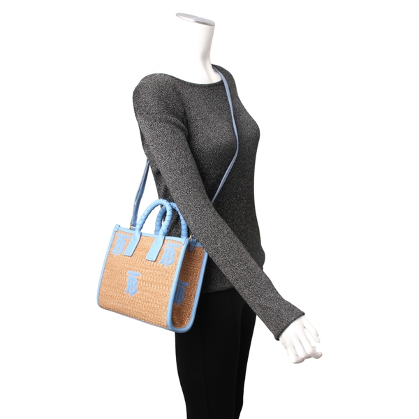 Raffia/Leather Mini Freya TB Tote Beige/Blue