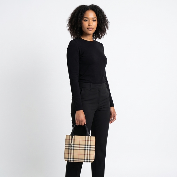 Vintage Coated Canvas Mini Check Tote Beige